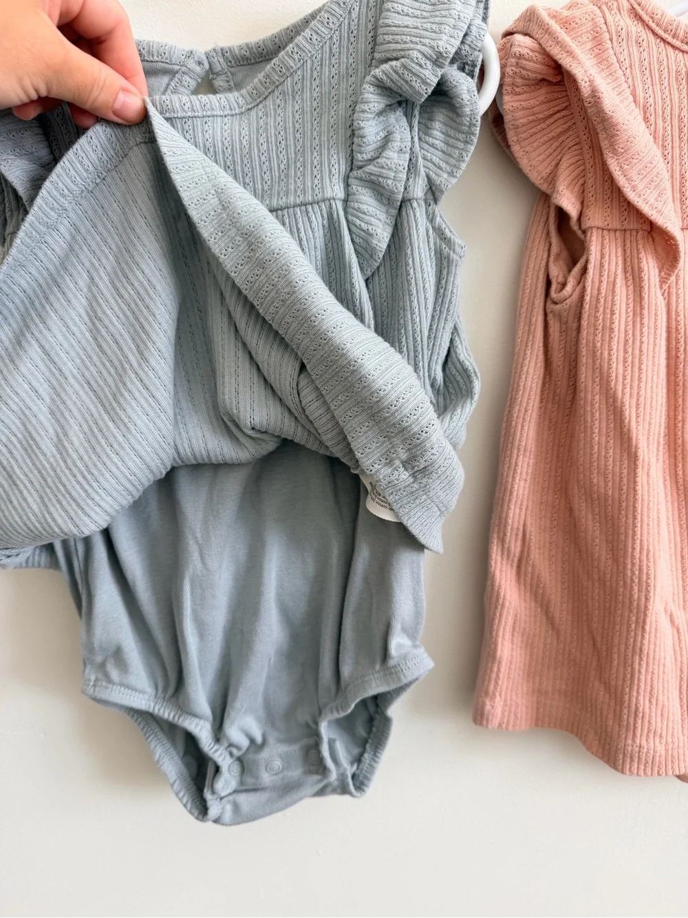 Ribbed Ruffle Baby Rompers - Dusty Blue & Blush Pink 24 mos